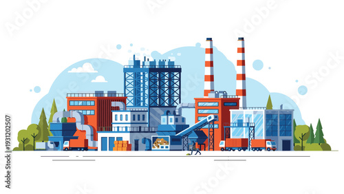 Comprehensive industrial complex with processing buildings and transport trucks for efficient logistics and manufacturing operations.