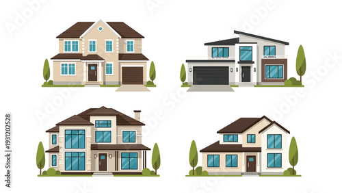 Collection of modern residential house designs featuring various architectural styles for contemporary suburban living and real estate.