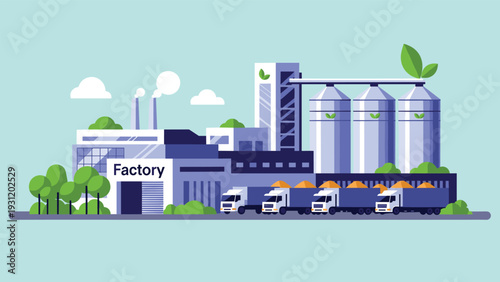 Agricultural processing factory with large storage silos and delivery trucks for efficient food distribution and industrial farming.