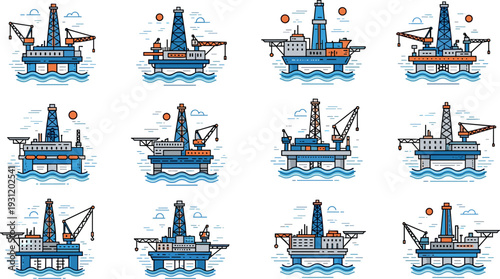 Offshore oil drilling platforms collection industrial sea rigs petroleum extraction structures ocean energy industry vector illustration set isolated