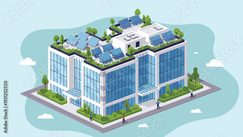 Isometric office building with sustainable green roof and solar panel arrays designed for energy efficiency and modern workspaces.