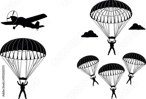 Parachute skydiving silhouettes with airplane and parachutists descending canopy adventure extreme sport airborne landing black vector illustration set isolated