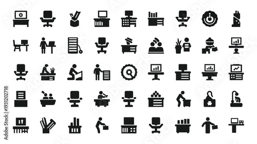 A collection of 40 black and white icons depicting office and business concepts isolated on white background, Vector