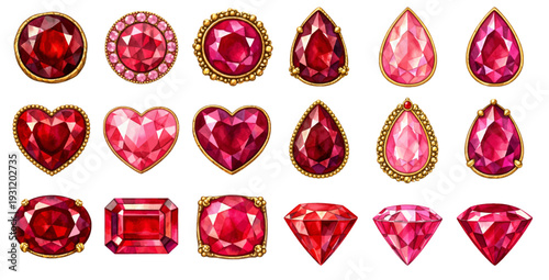 A charming watercolor collection of ruby jewels, including faceted hearts and teardrop stones.