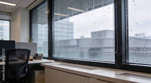 Modern Office Workspace View: Rain-Kissed Window with Blurred Cityscape, Shallow Depth of Field Aesthetic