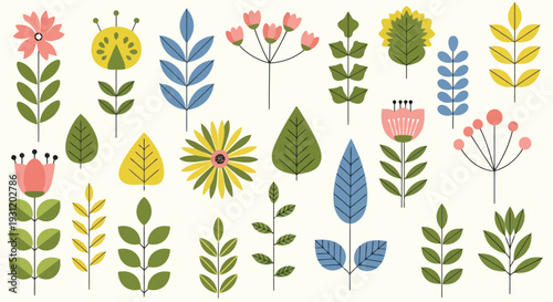 A vibrant collection of various flowers and plants in a playful and artistic style