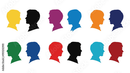 A group of colorful human head silhouettes isolated on white background, Vector