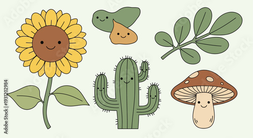 A vibrant illustration of various plants and fungi in a desert landscape
