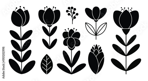 Black and white illustration of various tulip designs and patterns