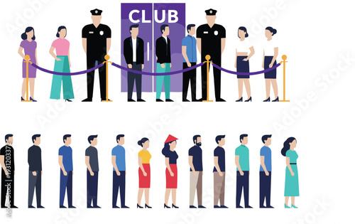 Nightclub Entrance Queue Illustration Set with Security Guards, VIP Guests, Crowd Line, and Event Admission Scenes for Vector Design Projects