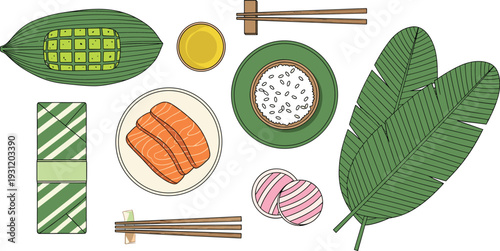 Japanese Sushi and Traditional Food Vector Illustration Set with Salmon Sashimi Rice Bowl Chopsticks and Banana Leaf Decoration