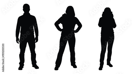 Three people silhouettes standing in different poses isolated on white background, Vector