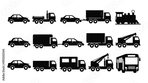 A collection of black silhouette images of trucks and cars isolated on white background, Vector