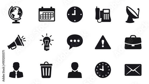 A collection of 16 black and white icons on a white background isolated on white background, Vector