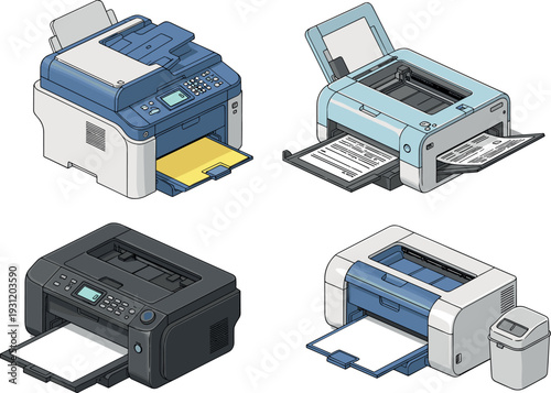 Printer and scanner devices collection including laser printer inkjet printer office copier and document printing machines modern office equipment vector illustration set
