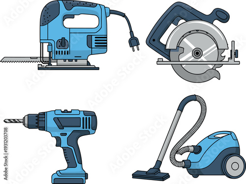 Set of electric power tools including jigsaw circular saw cordless drill and vacuum cleaner vector illustration isolated on white for construction and home repair