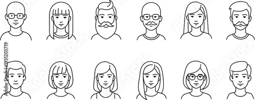 Canvastavla Set of twelve diverse minimalist line art avatars featuring men and women with different hairstyles, glasses, beards, and modern facial features
