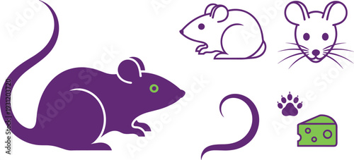 Mouse Character Vector Illustration Set with Purple Mouse Silhouette Line Art Rat Face Long Tail and Green Cheese Icons