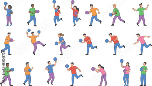 People Playing Bowling Illustration Set with Men and Women Throwing Balls in Various Action Poses for Sports and Recreation Vector Design