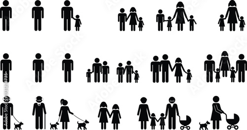 Fotografie Diverse Family Silhouette Icon Set Featuring Single Parents, Couples, Children, Elderly People with Pets, Strollers, and Modern Household Life Structures