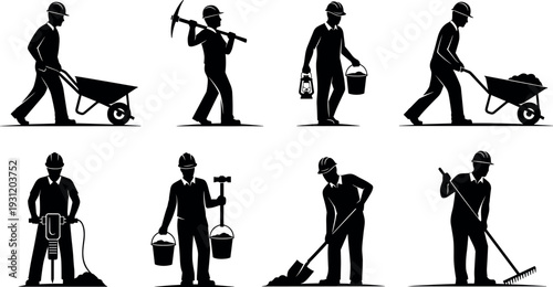 Silhouette construction workers set with tools and equipment, builder laborer icons collection isolated on white background, industrial workforce vector illustration for engineering and renovation