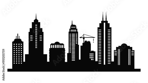 A black silhouette of a city skyline with skyscrapers and a crane isolated on white background, Vector
