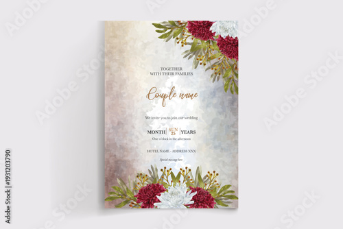 WEDDING INVITATION FRAME WITH FLOWER DECORATIONS AND FRESH LEAVES