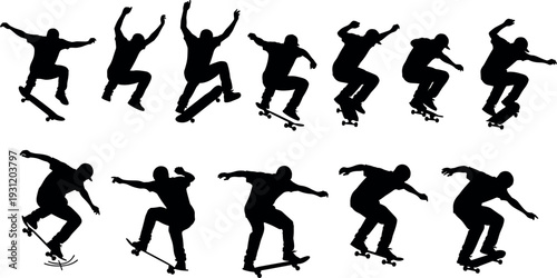 Skateboarder silhouette collection performing jump tricks and stunts, black extreme sport vector illustrations isolated on white background for urban action design