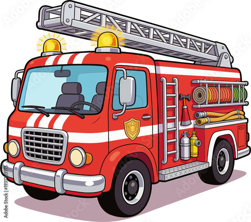 Adorable Cartoon Fire Truck with Sirens Extending Ladder Hoses Oxygen Cylinders Gold Shield Badge, Kids Emergency Rescue Vector