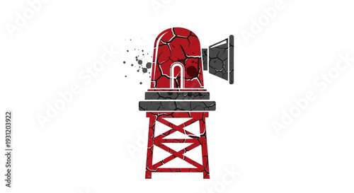 Cracked red warning siren on industrial tower, grunge style