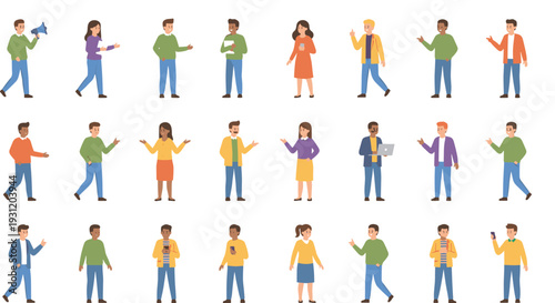 People Talking and Gesturing Illustration Set with Men and Women in Casual Outfits Showing Communication, Conversation, and Social Interaction Poses for Vector Design