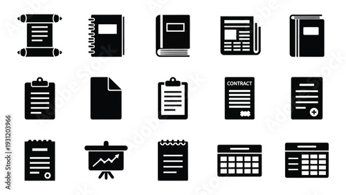 A collection of icons related to documents and office work isolated on white background, Vector