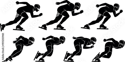 Speed skater athlete silhouettes collection showing dynamic ice skating racing poses winter sport competition training movement black vector illustration isolated
