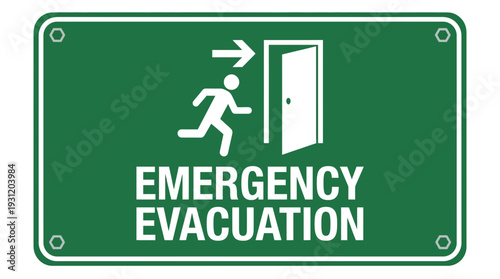 Emergency Evacuation Sign: Running Man Icon, Open Door, White Arrow