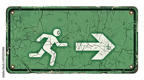 Distressed Green Exit Sign with Running Figure and Arrow