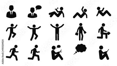 A collection of 15 black silhouette icons depicting people in various poses and actions isolated on white background, Vector