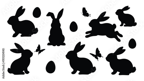 Black silhouettes of bunnies and eggs on white background isolated on white background, Vector