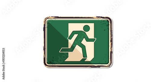 Green exit sign with running man symbol, isolated on white background