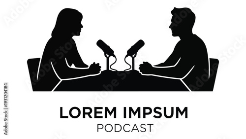 A black and white logo of two people talking at a table with microphones isolated on white background, Vector