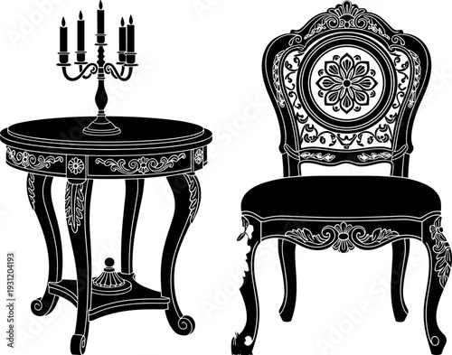 Vintage baroque furniture silhouette set with ornate chair and round table, antique luxury interior decor vector illustration isolated