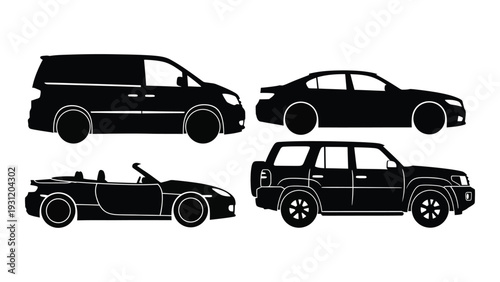 Four different types of cars in silhouette isolated on white background, Vector