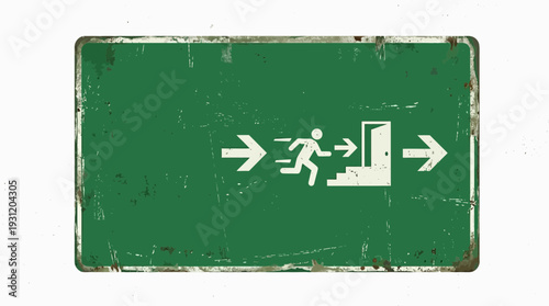 Retro emergency exit sign with running figure and arrows on distressed green background