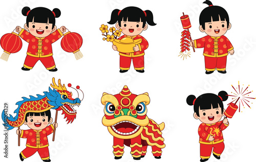 Chinese New Year Celebration Vector Illustration Set with Cute Kids in Traditional Costume Dragon Dance Lion Dance and Lantern Icons