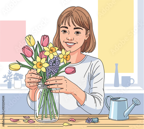 Woman arranging flowers in vase vector illustration