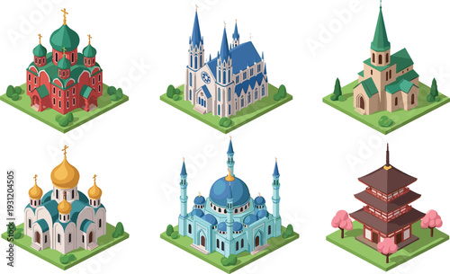 World religion architecture collection including church mosque cathedral temple pagoda and orthodox cathedral isometric landmarks vector illustration set isolated