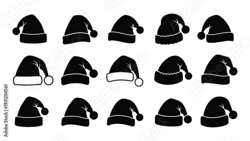 A collection of santa hats in black and white isolated on white background, Vector