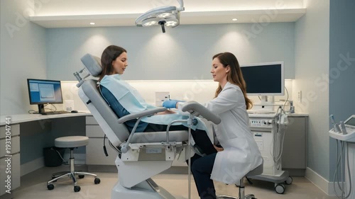 Doctor consulting patient in modern gynecologist examination room