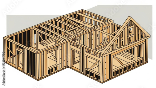 Wooden house frame construction in progress showing interior walls and roof structure.