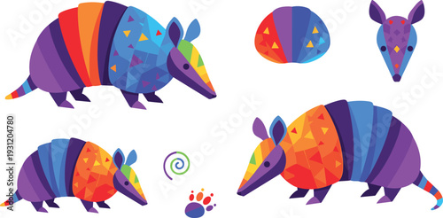 Colorful Armadillo Vector Illustration Set with Geometric Pattern Wildlife Characters Low Poly Animal Profile and Head Icons
