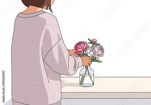 Woman arranging flowers in vase vector illustration